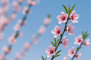 Fototapeta premium Soft-focused scene featuring pink cherry blossoms on branches set against a bright blue sky, captured in warm tones