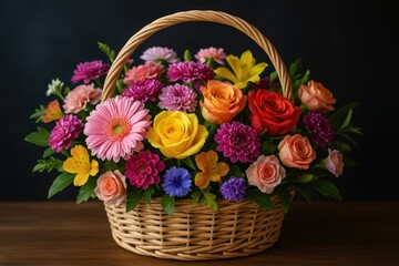 Obraz premium Detailed view of a vibrant flower arrangement in a basket against a dark backdrop, perfect for special occasions.
