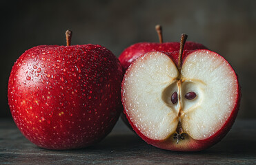 Red apples, one apple cut in half with the core visible on a white background. Isolated photography of fresh, shiny, red delicious apples on a white background. 