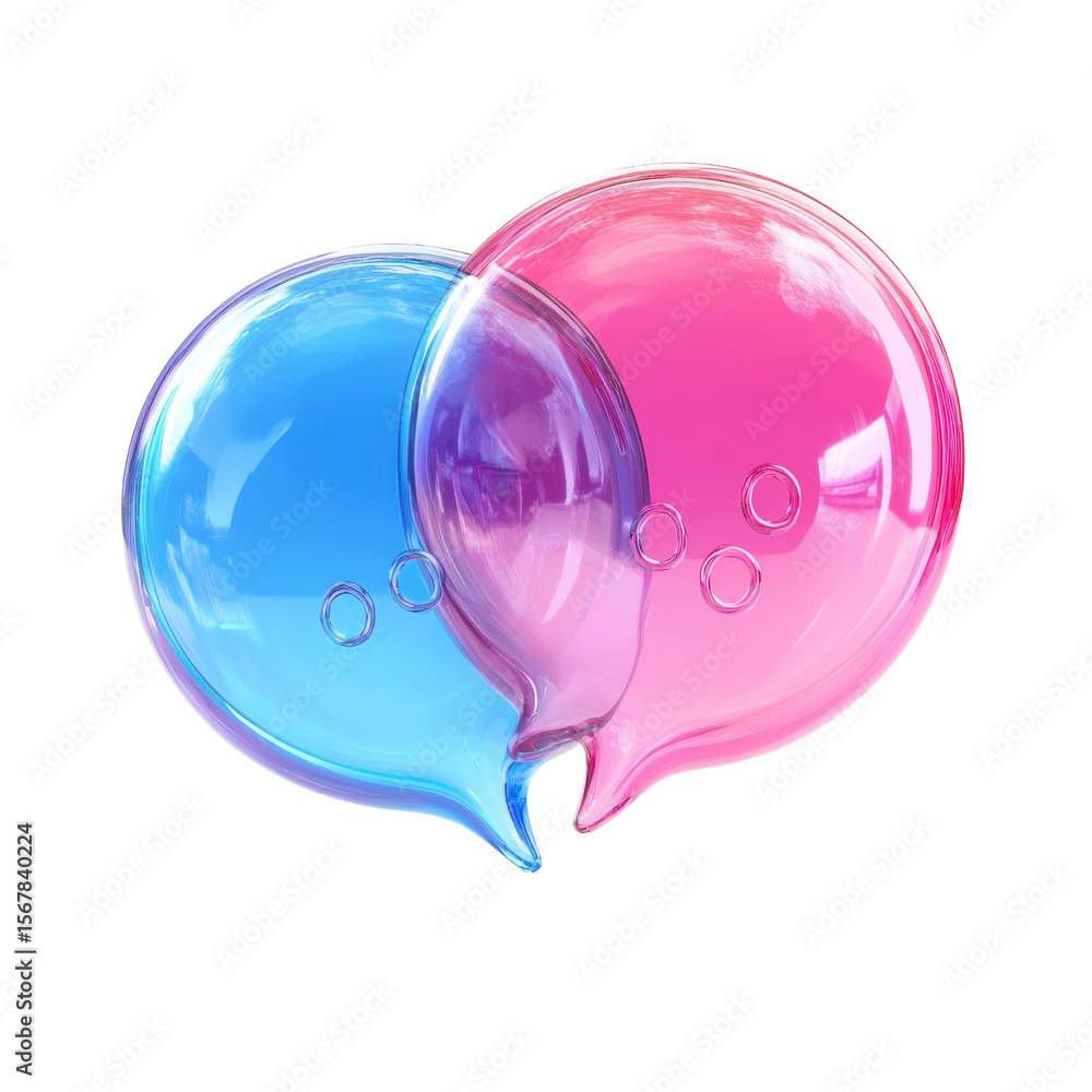 Poster transparent communication two glassy speech bubbles overlapping on black on transparent background