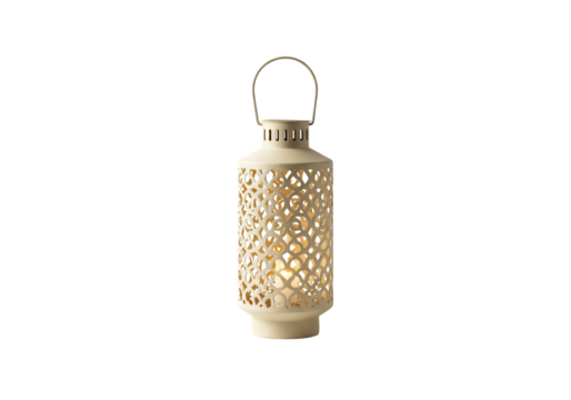 Ornate cream lantern with intricate pattern and glowing candle isolated on transparent background