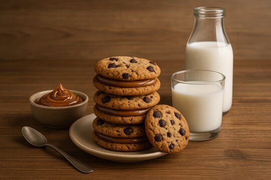 Sweet and creamy cookies with caramel filling served alongside a glass of milk on a rustic wooden surface, perfect for breakfast in a minimalist setting.