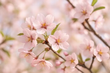 Close-up of gentle pink cherry blossoms blooming on a tree in springtime outdoors