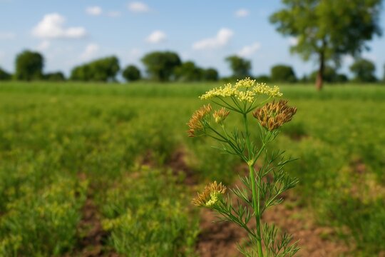 Cumin plants growing on a farm, showcasing cultivation and seed production