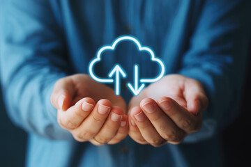Hands present a glowing cloud with upload and download arrows