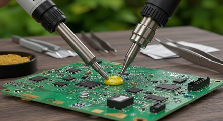 Soldering Iron Applying Yellow Solder Paste to a Green Circuit Board with Components