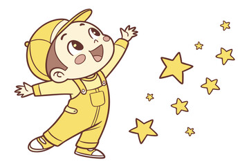 Vector cute Baby Boy cartoon character, with a joyful expression and arms outstretched, wearing a sunny yellow outfit and surrounded by tiny stars, in a magical, enchanting style, isolated on white ba