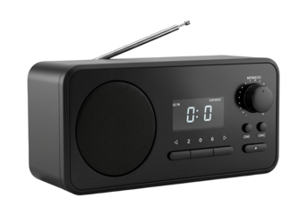Modern black digital clock radio with extendable antenna isolated on transparent background