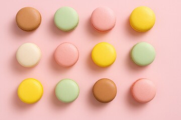 Vibrant assortment of pastel-colored macarons on a pink backdrop, top-down view of decorative almond cookies on vintage-style card