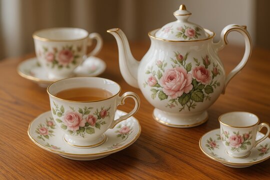 Elegant porcelain tea set featuring floral designs on a wooden surface - Powered by Adobe