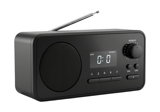 Modern black digital clock radio with extendable antenna isolated on transparent background