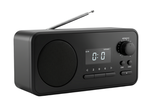 Modern black digital clock radio with extendable antenna isolated on transparent background