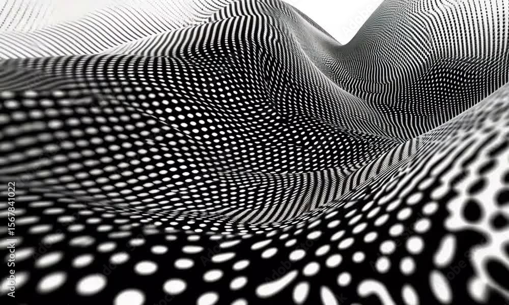 Poster abstract landscape with black and white dots and lines creating an optical illusion of depth and tex