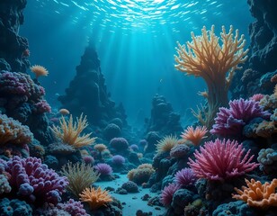 Obraz premium Vibrant coral reef ecosystem with diverse marine life and sunlight filtering through the water surface