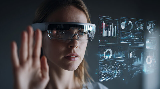 Woman using augmented reality smart glasses with holographic data interface and futuristic charts