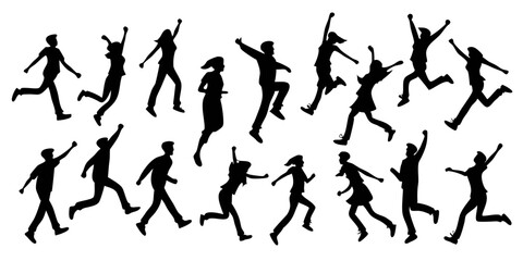 Vector art of a diverse group of people in silhouette running and jumping on white background
