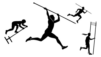 Vector art of athletes in silhouette preparing to throw javelins and running, isolated on transparent background