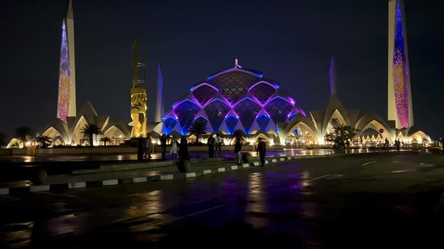 Bandung West Java Indonesia Video night view taken on July 05, 2025, shows the front section of Masjid Al Jabbar with beautiful building and exterior design Islamic reliefs and textures 