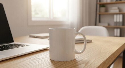 Steaming white coffee mug on a bright wooden desk with a laptop in a modern home office, bathed in natural light.