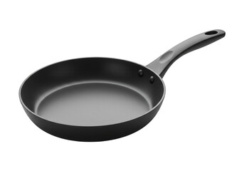 A detailed view of a black frying pan with a grey handle isolated on transparent background