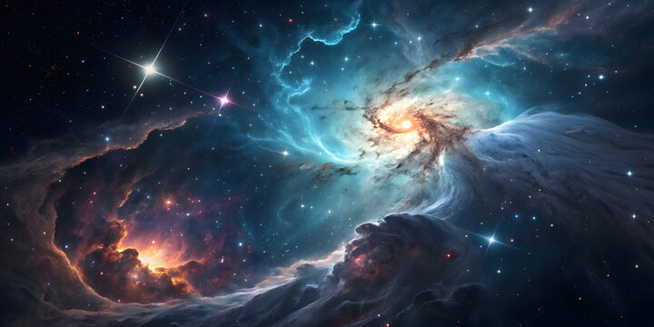 Dramatic cosmic collision featuring intertwining galaxies with brilliant blue and orange gas streams creating spectacular celestial dance across infinite space.