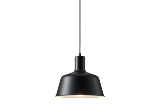 Modern black pendant light fixture with a subtle glow isolated on transparent background