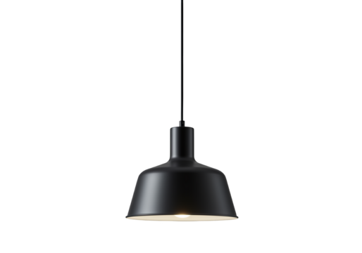 Modern black pendant light fixture with a subtle glow isolated on transparent background