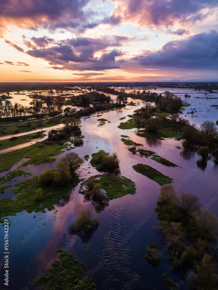 Poster spring flooding transforms floodplain landscape with vibrant hues and reflections at dusk