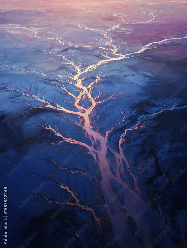 Poster Floodplain in spring branching reveals intricate water patterns during daylight