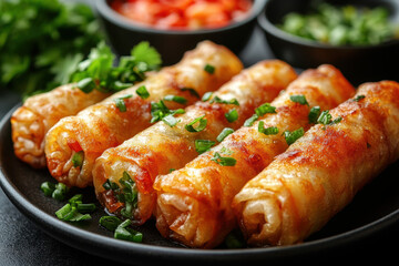 Spring rolls on a white plate, isolated on a transparent background