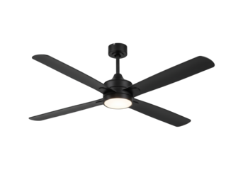 Modern black four blade ceiling fan with integrated light isolated on transparent background