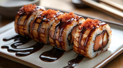 sushi roll with driping soy sauce, held by chopsticks, Based on white background