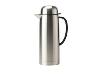 Modern brushed stainless steel thermal carafe with black handle isolated on transparent background