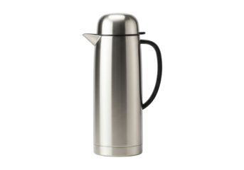 Modern brushed stainless steel thermal carafe with black handle isolated on transparent background