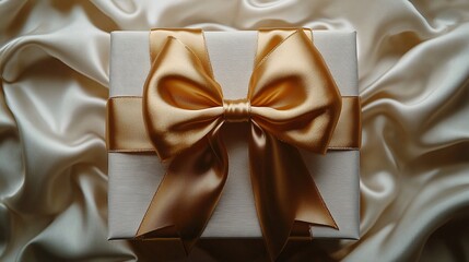 Gift box with golden bow, set on silky cloth