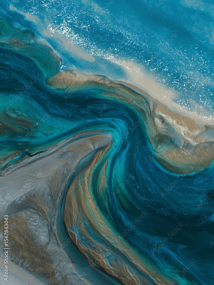 Poster drone view captures an intricate pattern of ocean bay at low tide showcasing natural hues and textur