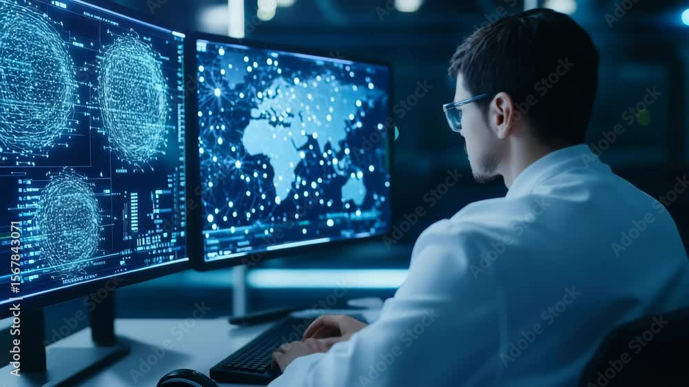 Aufkleber cybersecurity professional monitoring global networks and data security.