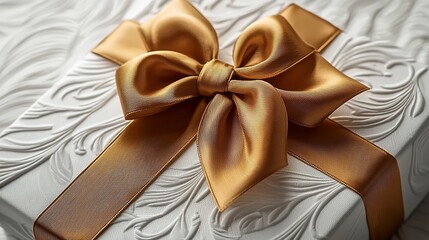 Ornate white gift box tied with a luxurious gold ribbon, close-up view