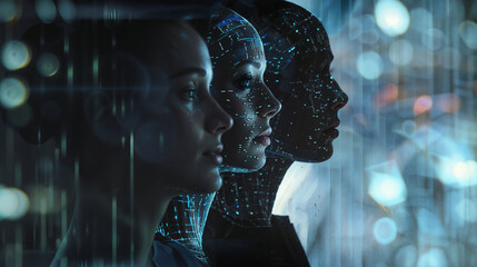 A digital rendering of a human body, composed of luminous blue lines and dots, is displayed on a futuristic holographic interface, showcasing advanced technology.
