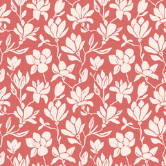 pattern with magnolias and leaves drawn in cartoon style