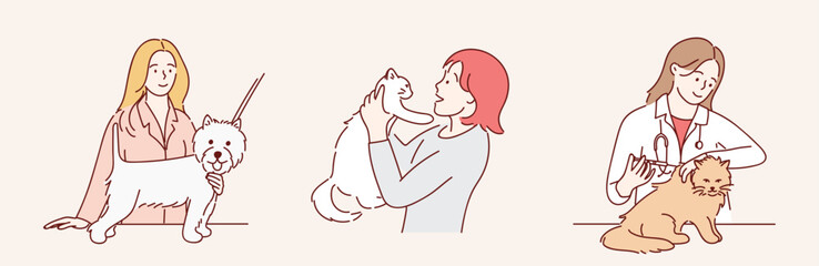Illustration of a veterinarian with an animal. Hand drawn in doodle style.