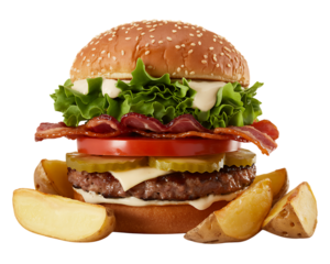 Juicy Bacon Cheeseburger with Crispy Potato Wedges A Delicious Meal