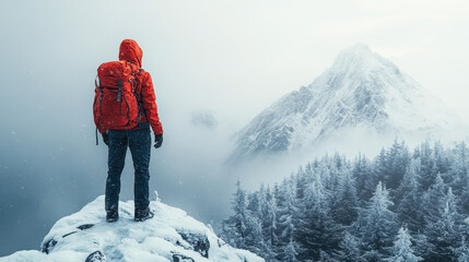 Traveler with backpack on snowy mountain peak, cut out isolated on a white background 