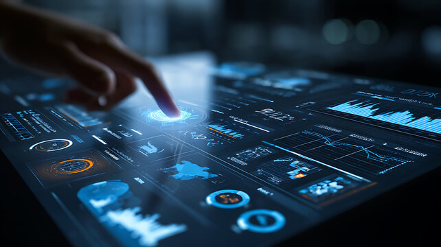 Hand interacting with futuristic touchscreen user interface showing digital data and analytics UI