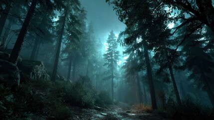 Mystical Forest Path with Tall Trees and Foggy Atmosphere