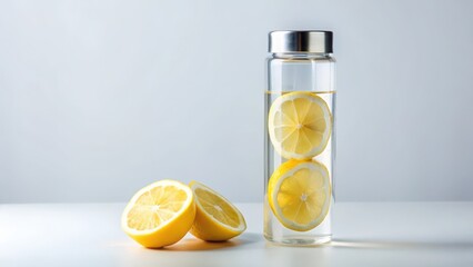 A clear glass bottle filled with water and three lemon slices, placed next to two lemon halves on a white surface and background.
