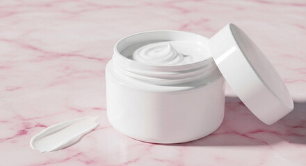 Cosmetic cream jar with swirl and swatch on pink marble background, skincare product for beauty and wellness