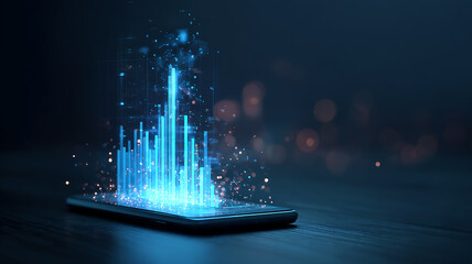 Futuristic smartphone projecting holographic city skyline with glowing data and digital elements