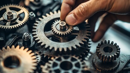 A hand adjusts intricate metal gears, showcasing complex mechanics