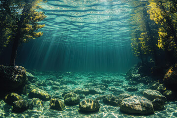 Underwater view of Lake Tahoe's rocky bottom, with sunlight filtering through the water, creating an underwater scene with pine trees visible above and rocks below